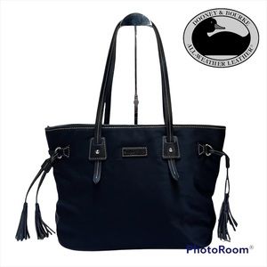 DOONEY BOURKE BLACK CANVAS LEATHER TRIM TASSELED TOTE BAG